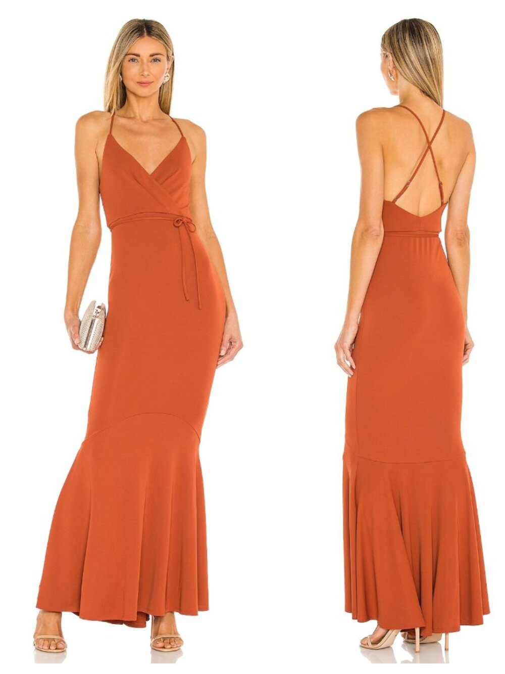 Michael Costello x Revolve Genevieve Burnt Sienna Orange Plunge Maxi Dress